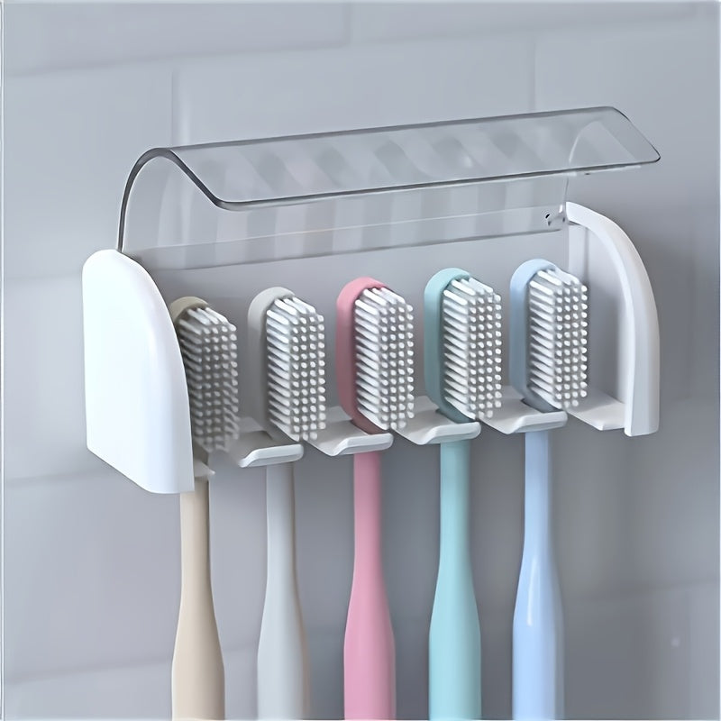 [Wall Storage Rack] 5-Slot Toothbrush Holder with Lid, Self-adhesive Wall Toothbrush Storage Rack, Plastic Bathroom Supplies, Suitable for Dormitories and Showers, Can Hold 5 Toothbrushes, No Electricity Required, Perfect Bathroom Accessory