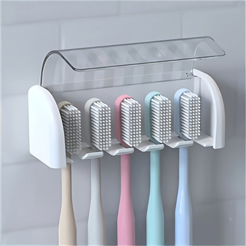 [Wall Storage Rack] 5-Slot Toothbrush Holder with Lid, Self-adhesive Wall Toothbrush Storage Rack, Plastic Bathroom Supplies, Suitable for Dormitories and Showers, Can Hold 5 Toothbrushes, No Electricity Required, Perfect Bathroom Accessory