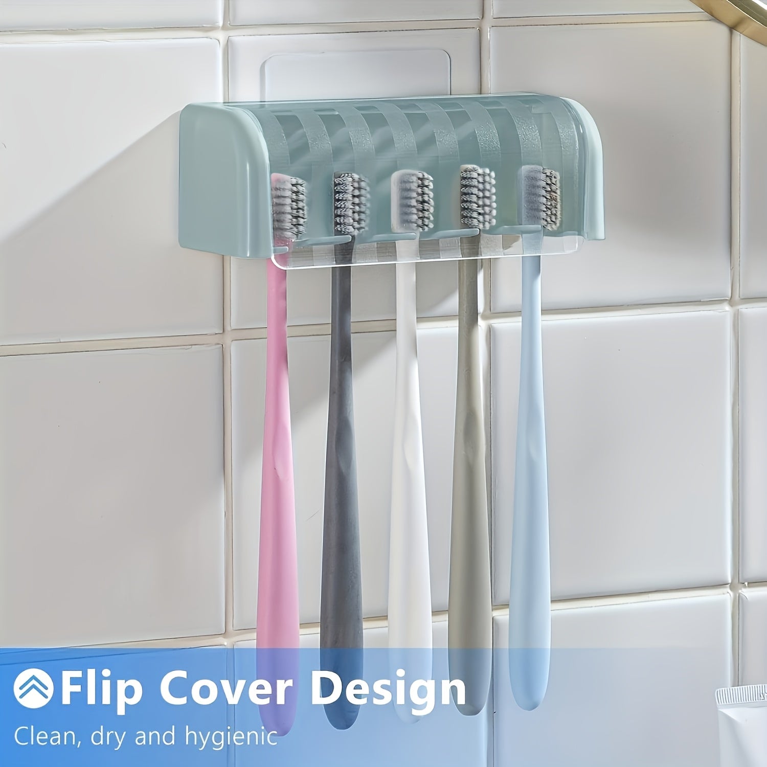 [Wall Storage Rack] 5-Slot Toothbrush Holder with Lid, Self-adhesive Wall Toothbrush Storage Rack, Plastic Bathroom Supplies, Suitable for Dormitories and Showers, Can Hold 5 Toothbrushes, No Electricity Required, Perfect Bathroom Accessory