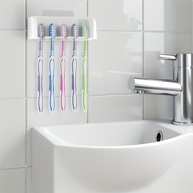 [Wall Storage Rack] 5-Slot Toothbrush Holder with Lid, Self-adhesive Wall Toothbrush Storage Rack, Plastic Bathroom Supplies, Suitable for Dormitories and Showers, Can Hold 5 Toothbrushes, No Electricity Required, Perfect Bathroom Accessory